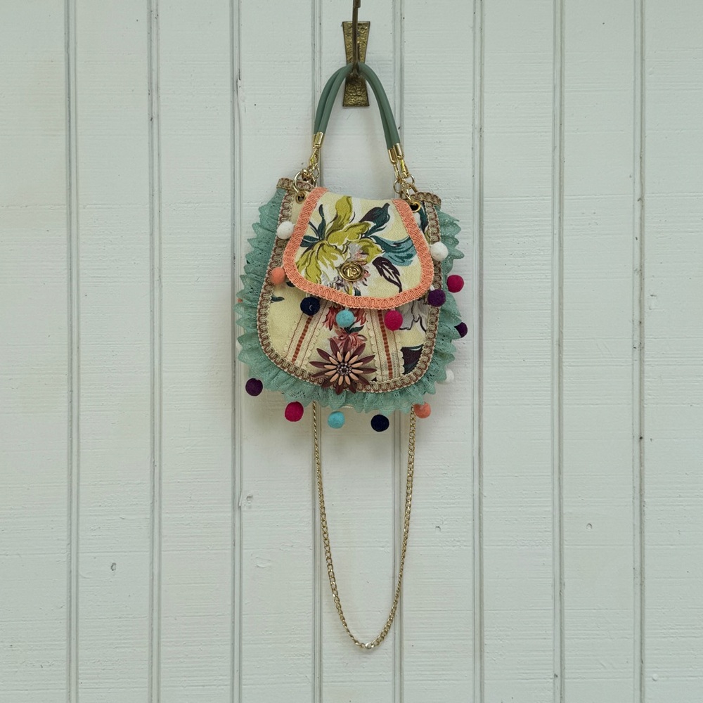 Green and Yellow Mini Bag with Floral Appliqués
